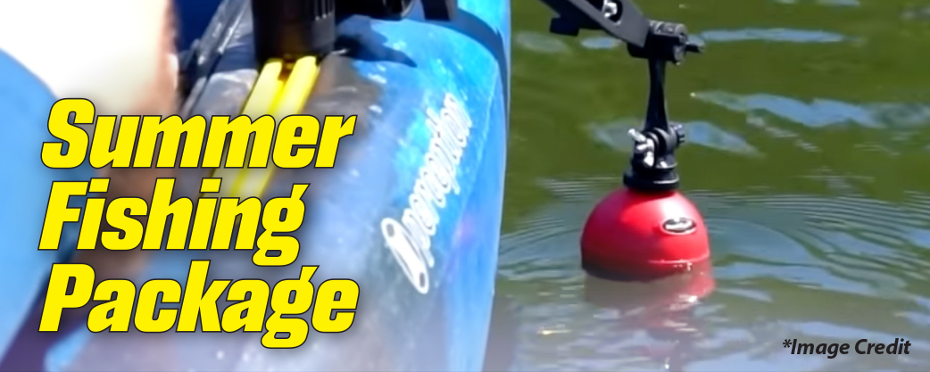 Fish finder dipped in water beside a kayak